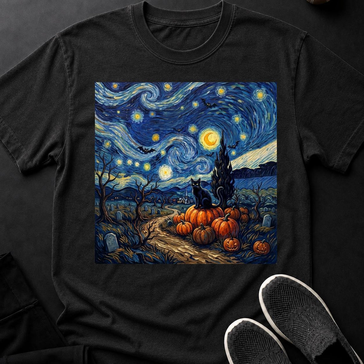 Starry Night Halloween Black Cat Tee