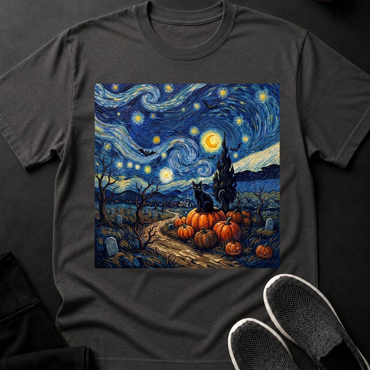 Starry Night Halloween Black Cat Tee