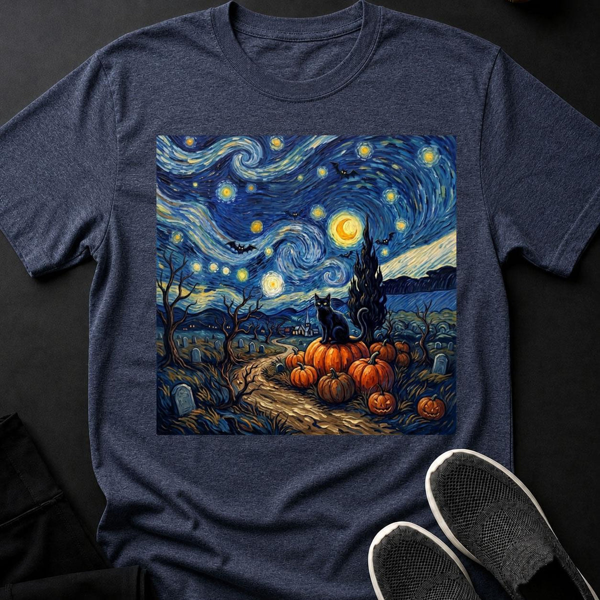 Starry Night Halloween Black Cat Tee