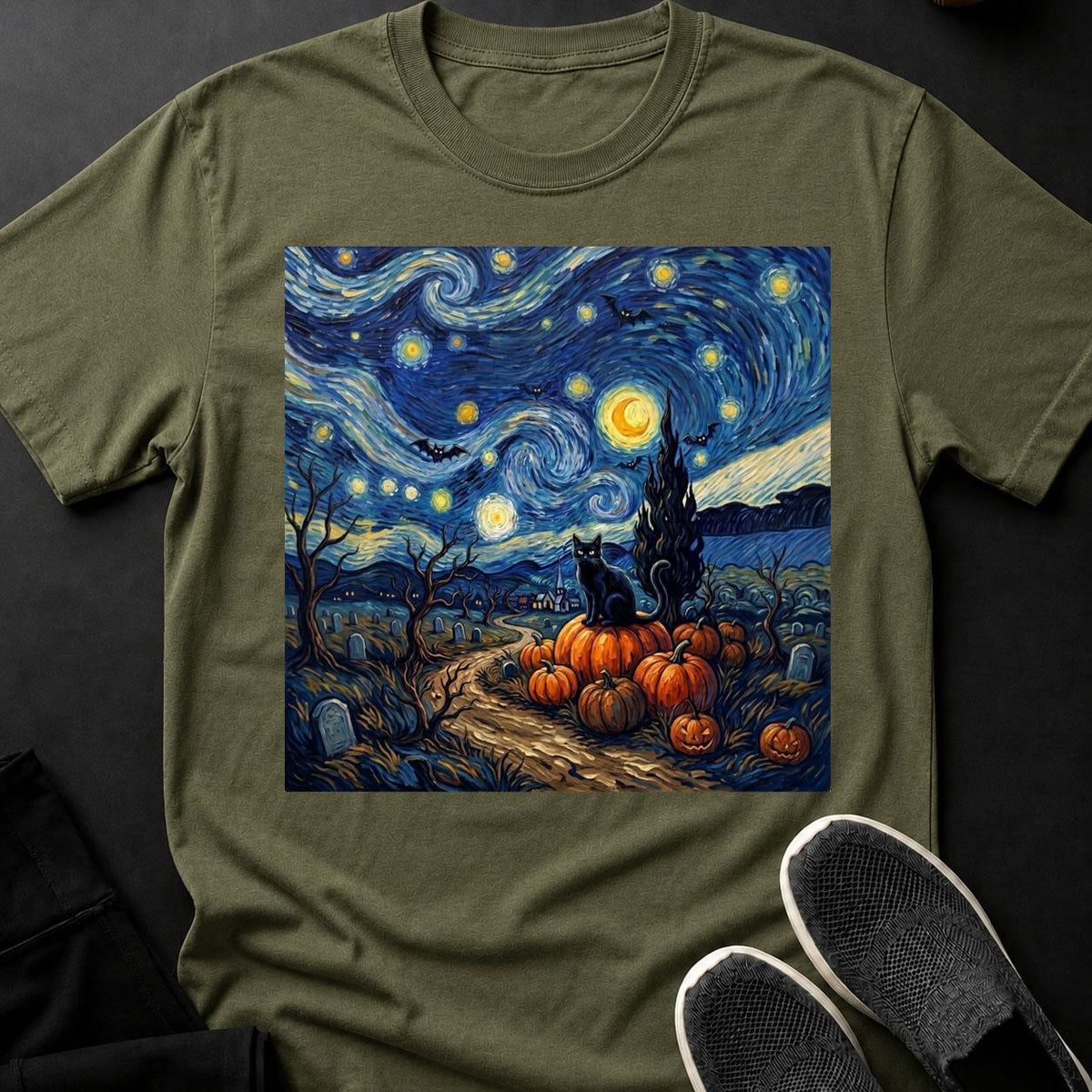 Starry Night Halloween Black Cat Tee