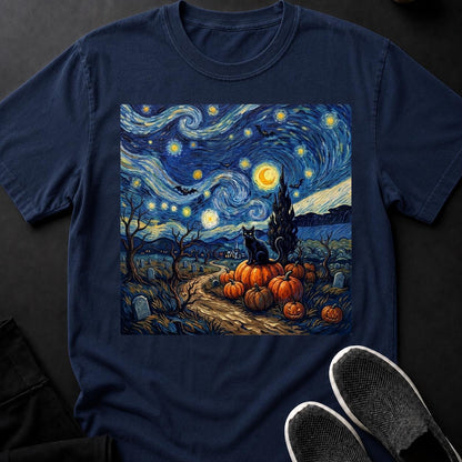 Starry Night Halloween Black Cat Tee