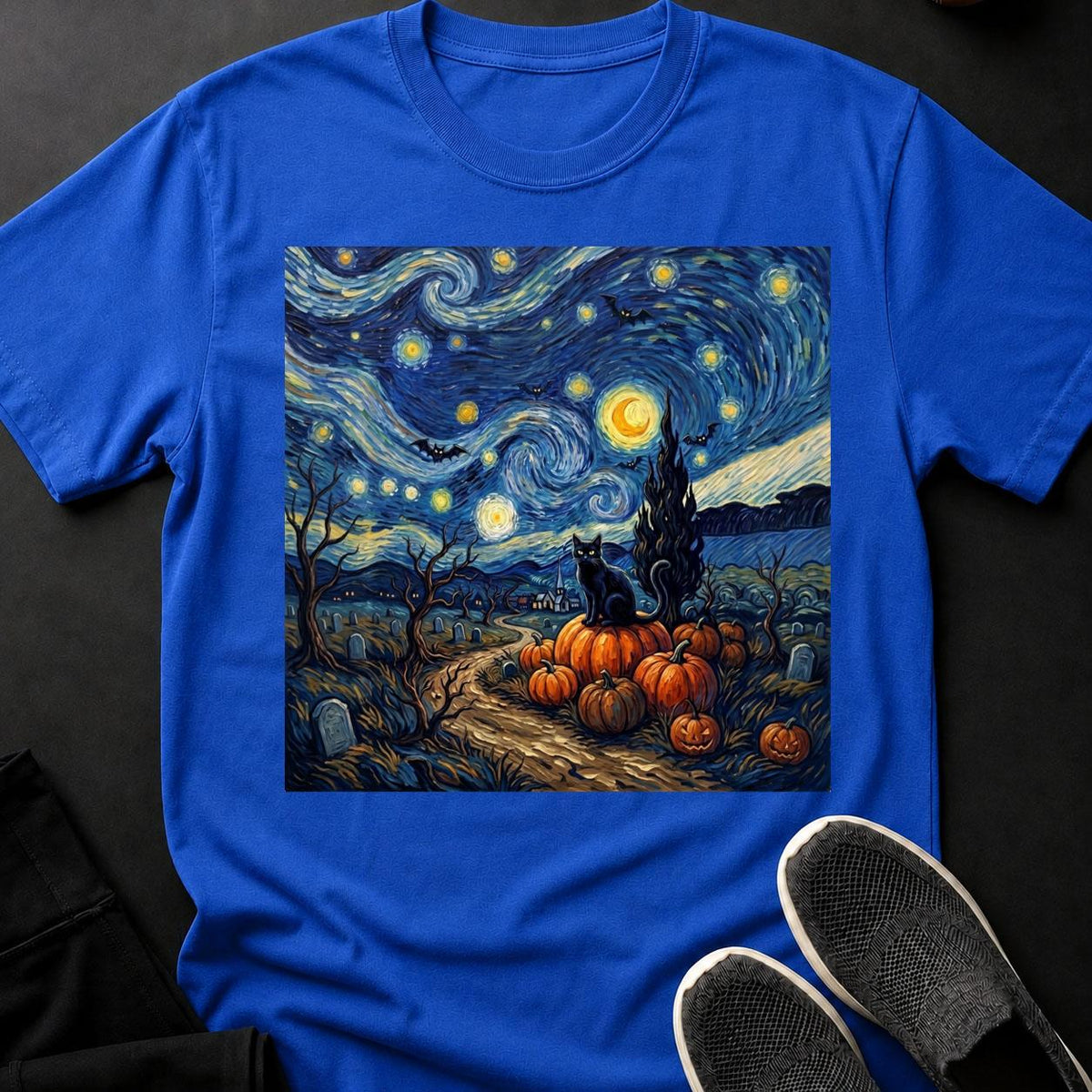 Starry Night Halloween Black Cat Tee