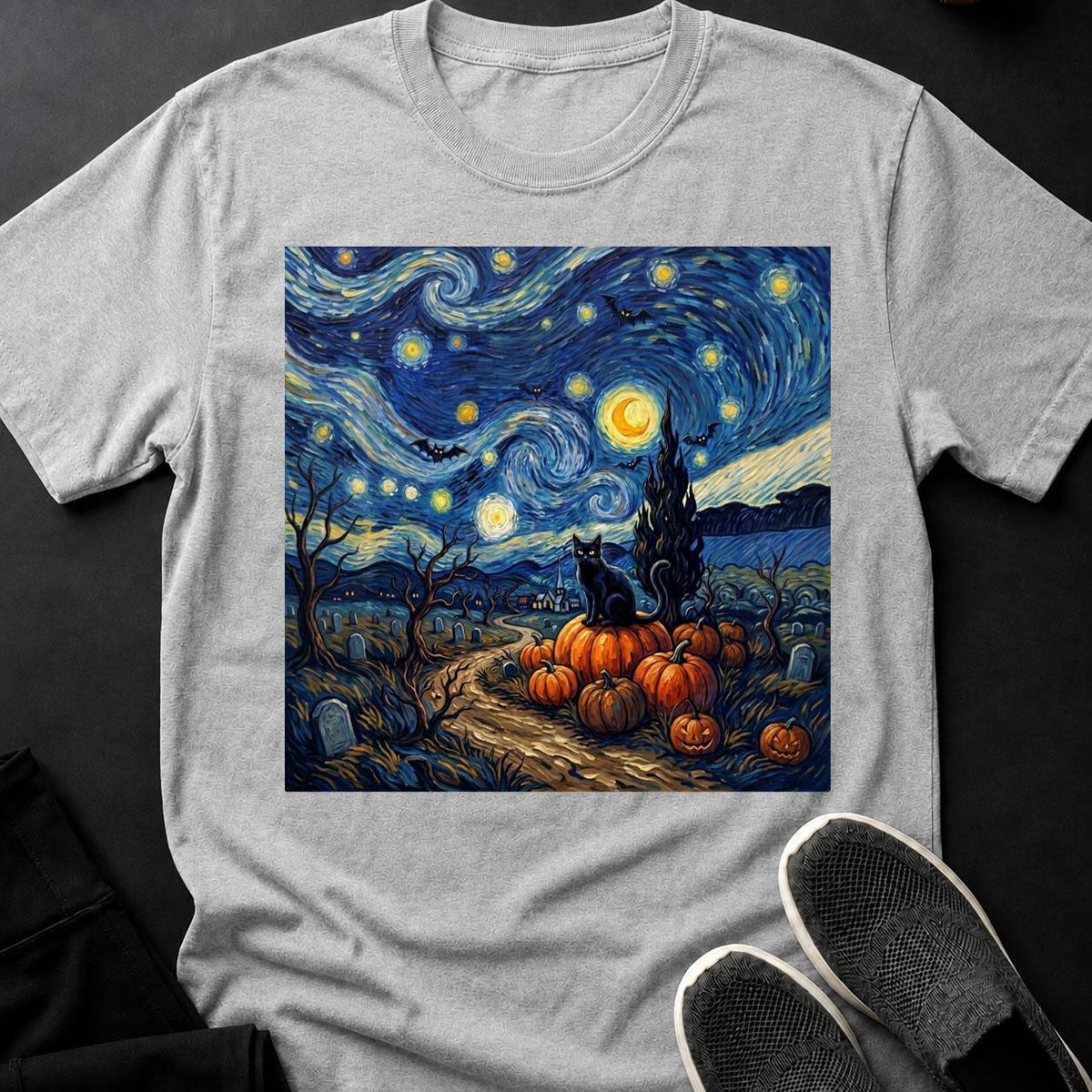 Starry Night Halloween Black Cat Tee