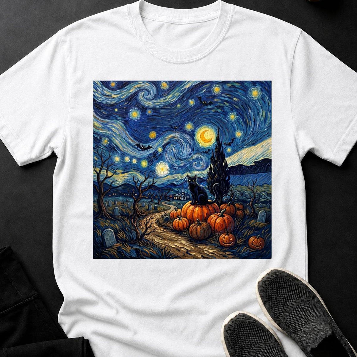 Starry Night Halloween Black Cat Tee