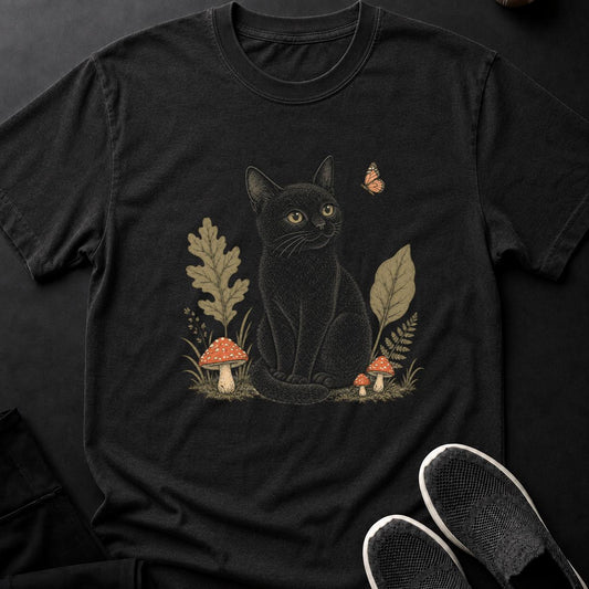 Vintage Cat Among Mushrooms and Foliage