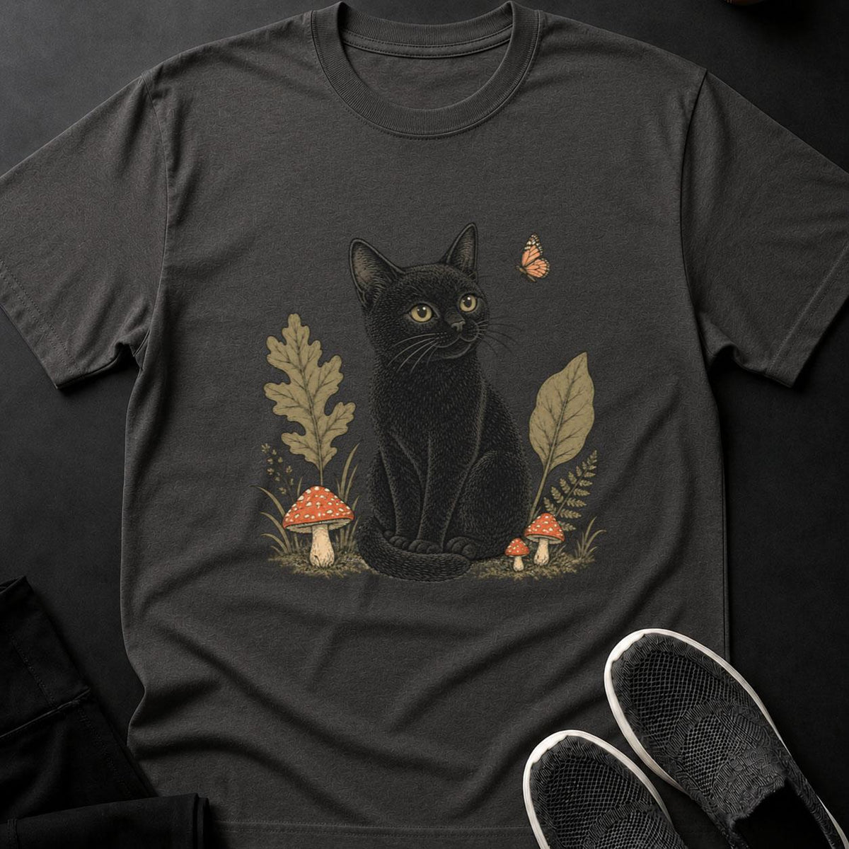 Vintage Cat Among Mushrooms and Foliage