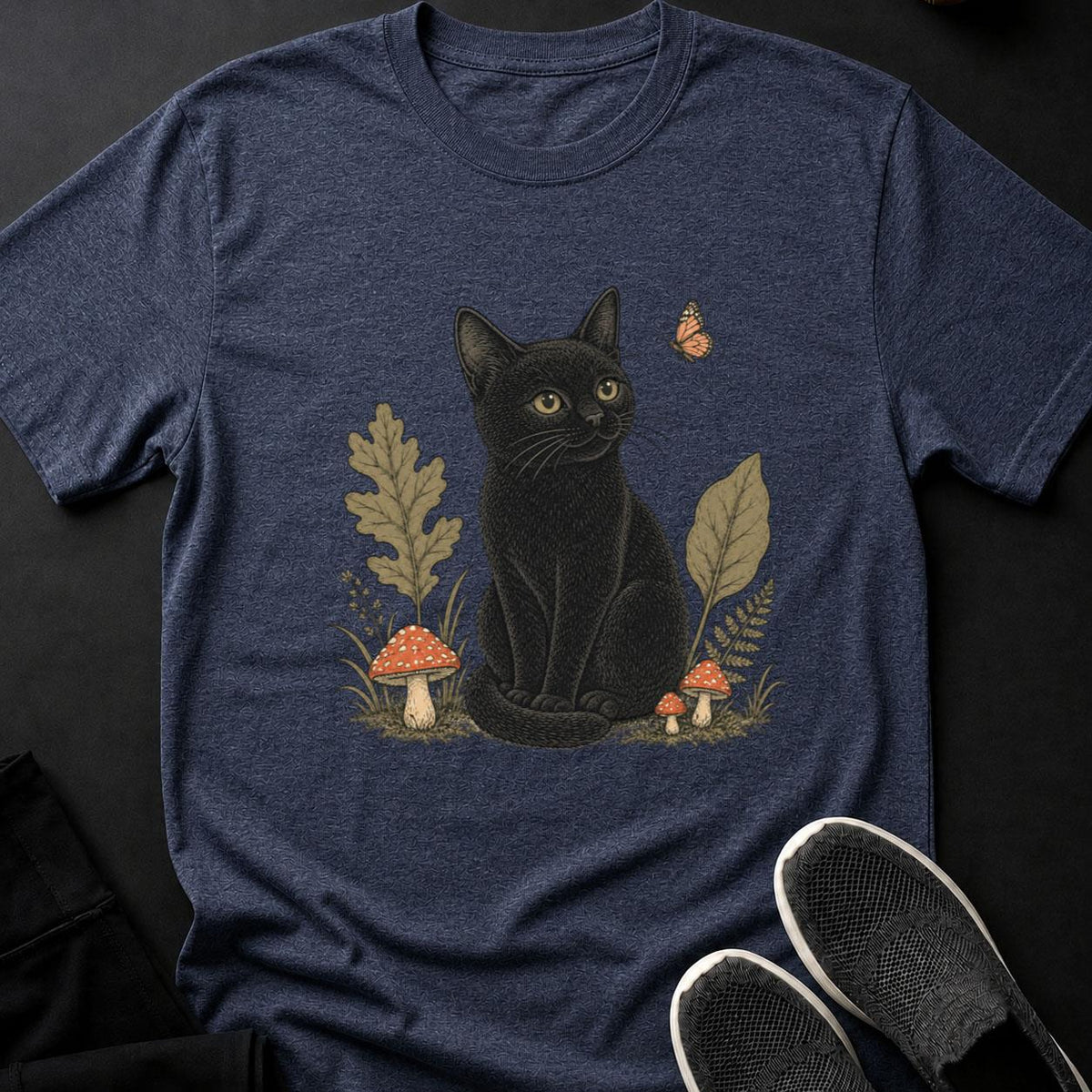 Vintage Cat Among Mushrooms and Foliage
