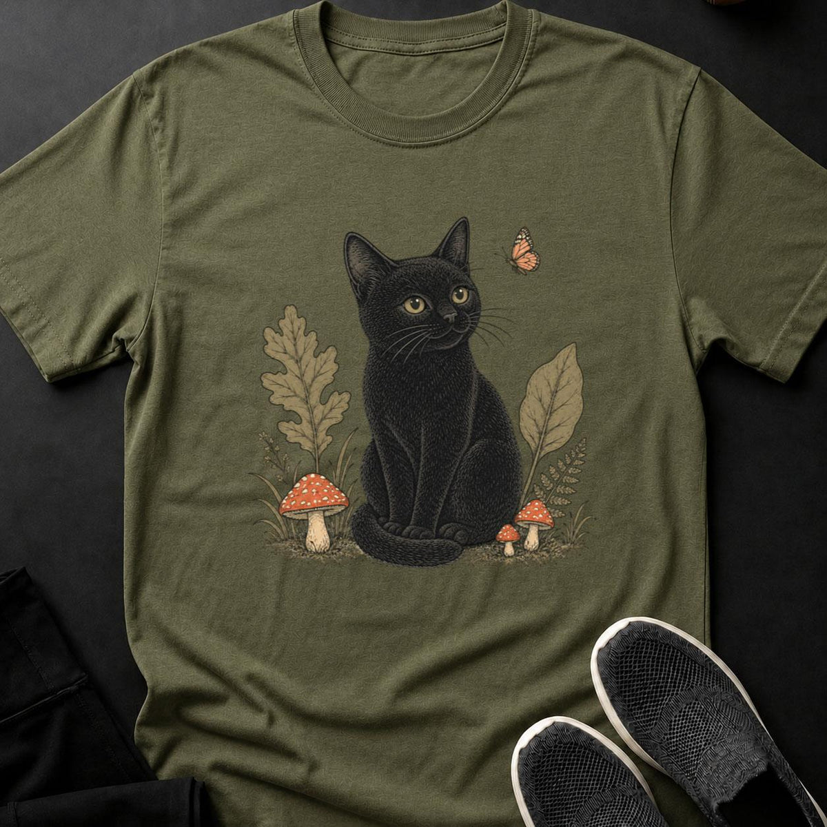 Vintage Cat Among Mushrooms and Foliage