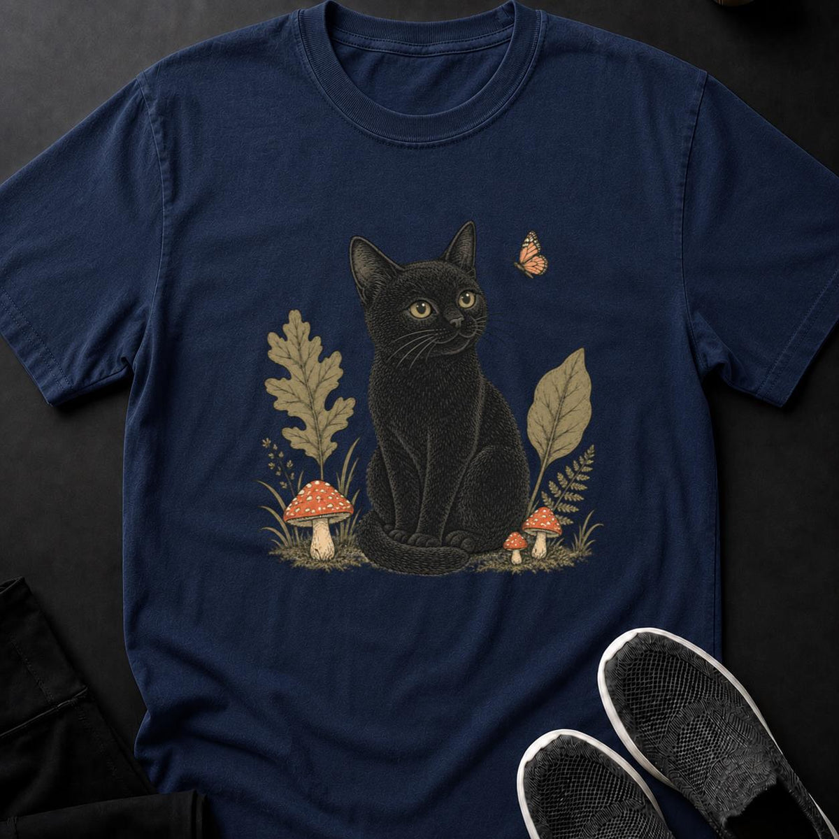 Vintage Cat Among Mushrooms and Foliage
