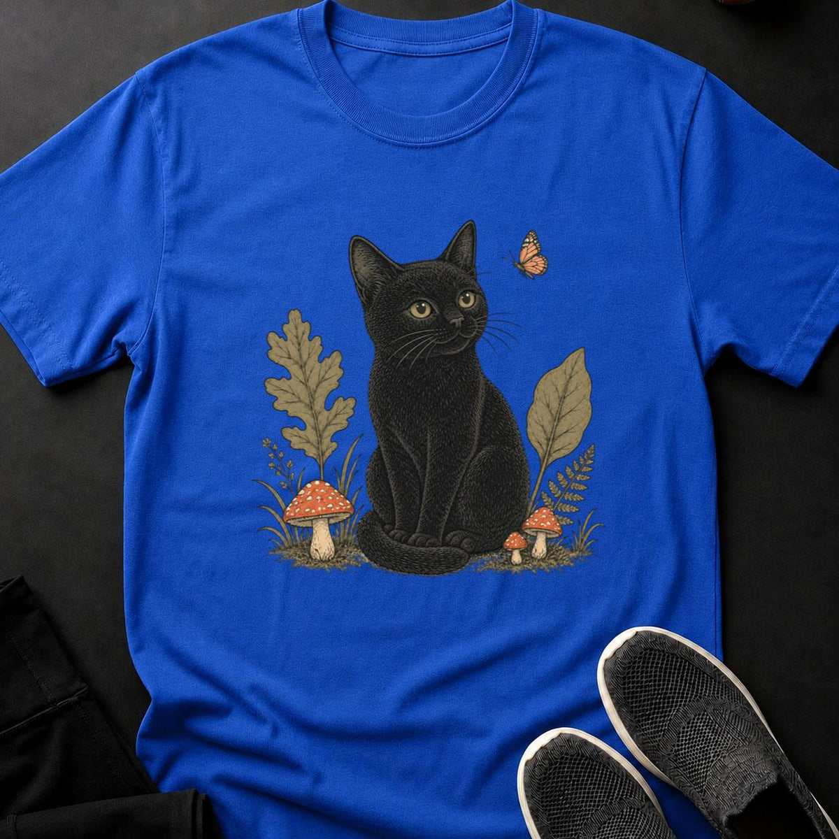 Vintage Cat Among Mushrooms and Foliage