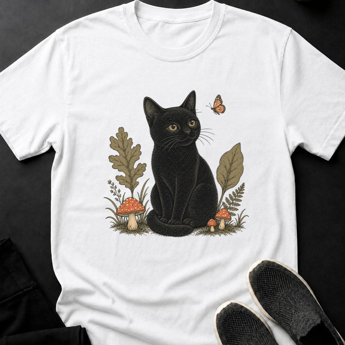 Vintage Cat Among Mushrooms and Foliage
