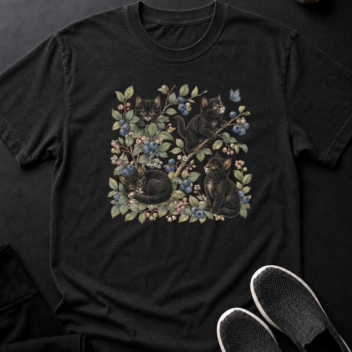 Whimsical Kittens Among Blueberry Branches
