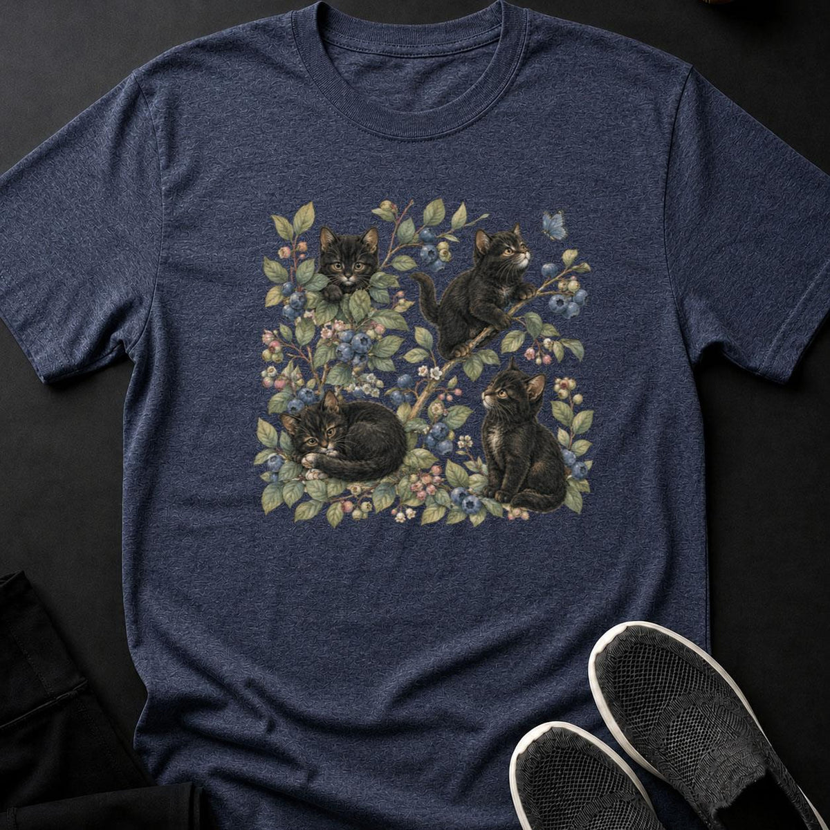 Whimsical Kittens Among Blueberry Branches