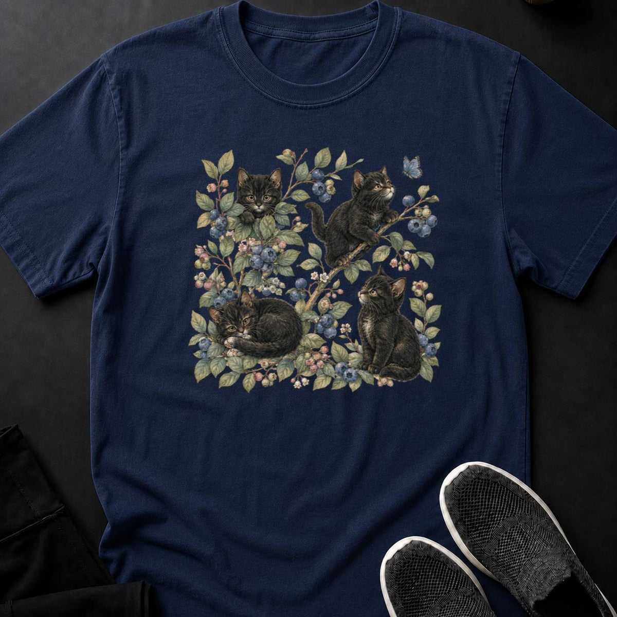 Whimsical Kittens Among Blueberry Branches