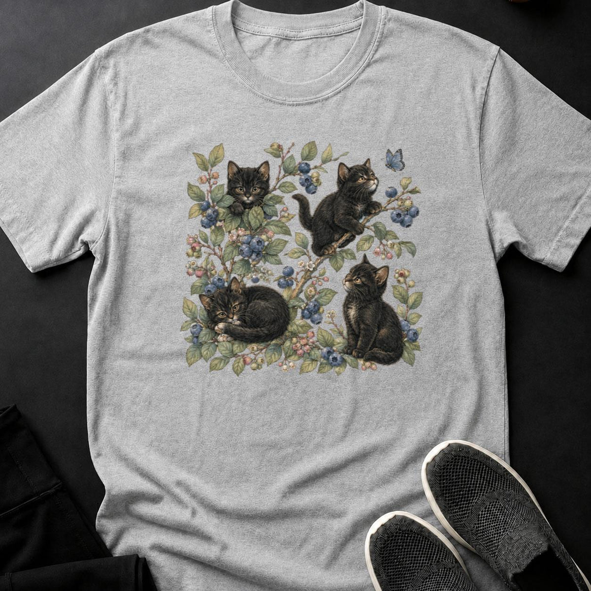 Whimsical Kittens Among Blueberry Branches