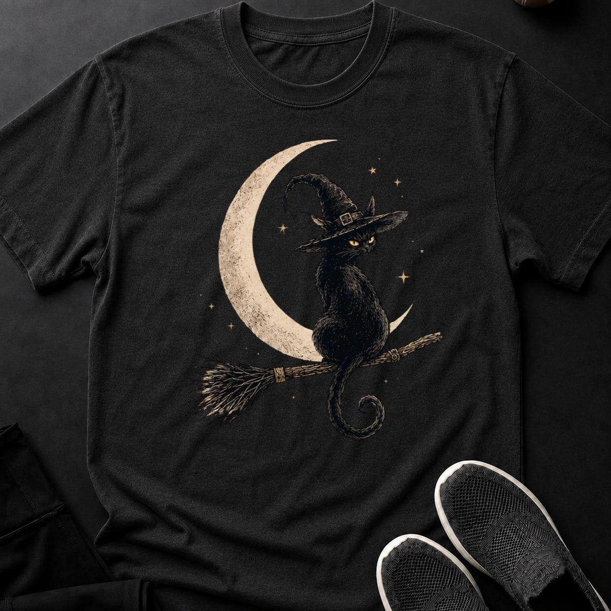 Witch Cat Broomstick Stars Tee