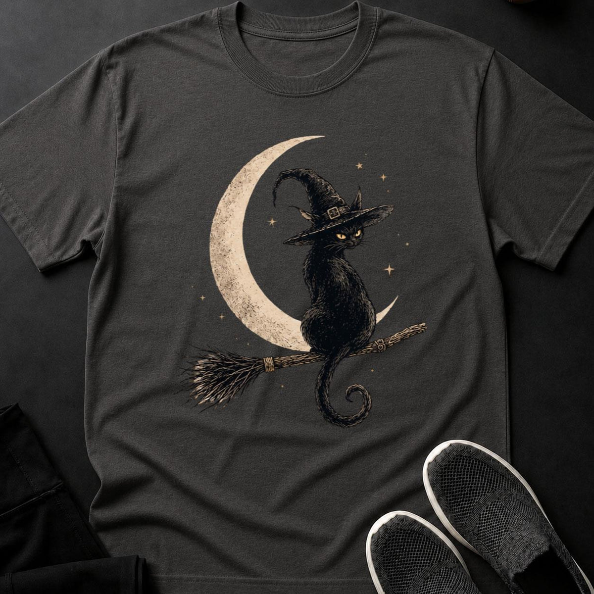 Witch Cat Broomstick Stars Tee