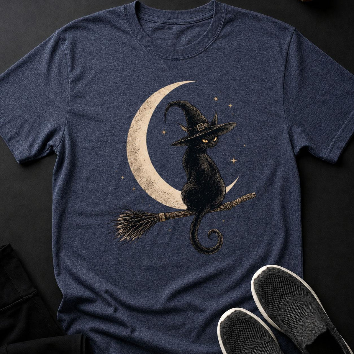 Witch Cat Broomstick Stars Tee