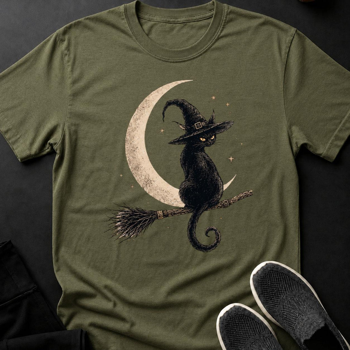 Witch Cat Broomstick Stars Tee