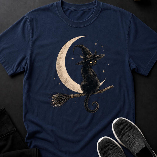 Witch Cat Broomstick Stars Tee