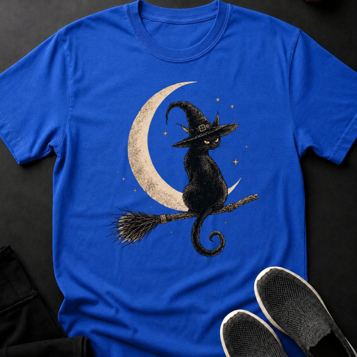 Witch Cat Broomstick Stars Tee