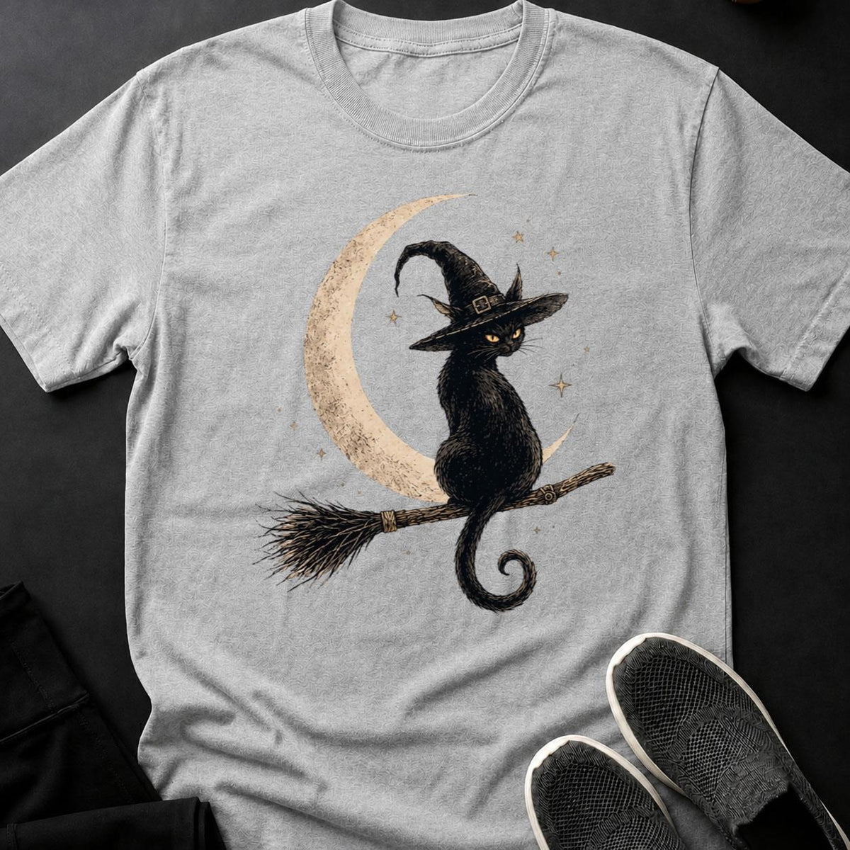 Witch Cat Broomstick Stars Tee