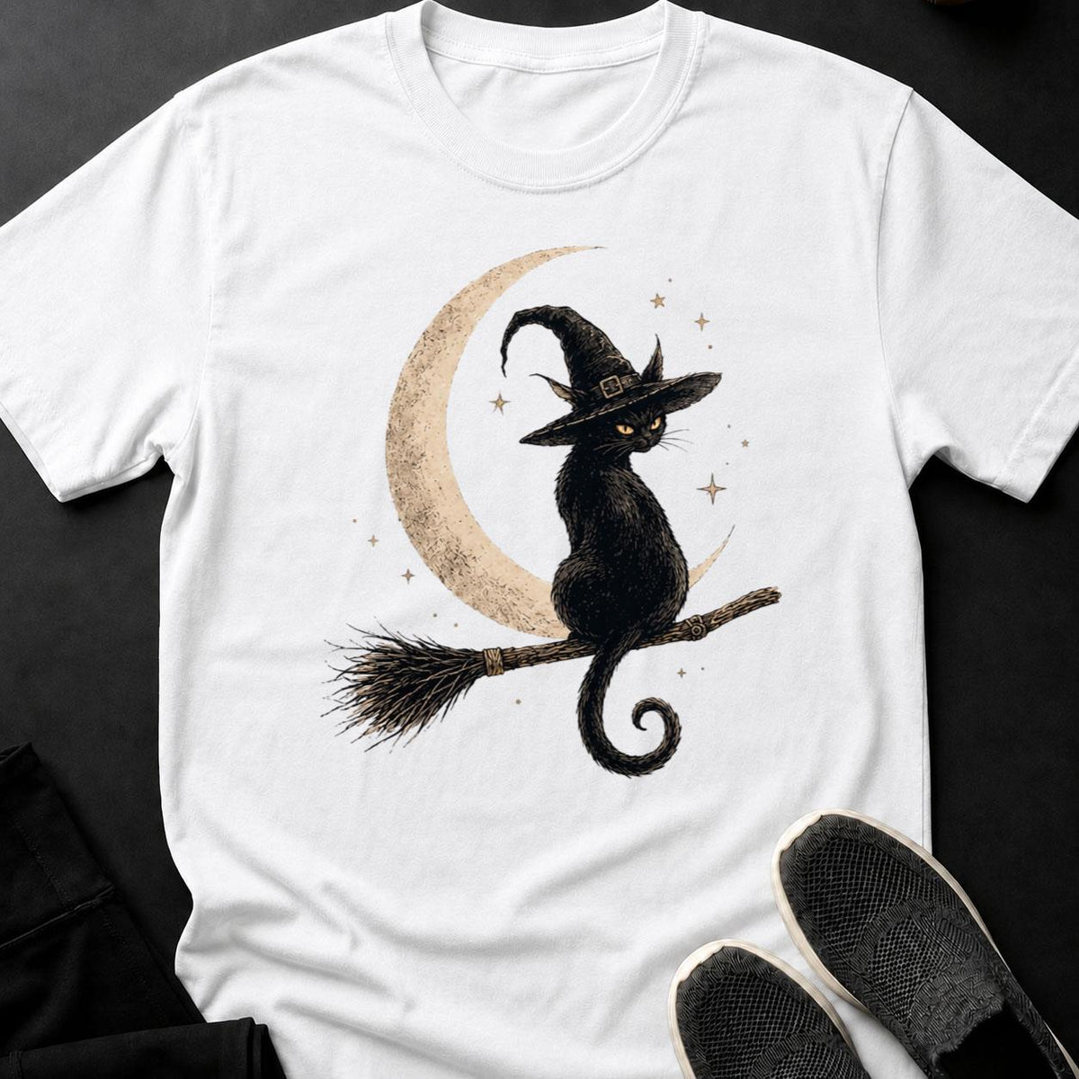 Witch Cat Broomstick Stars Tee
